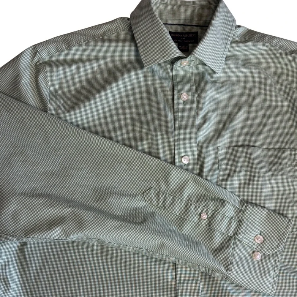 Banana Republic Mens‎ Green Gingham Non Iron Classic Fit Shirt 16-16.5 L Cotton
